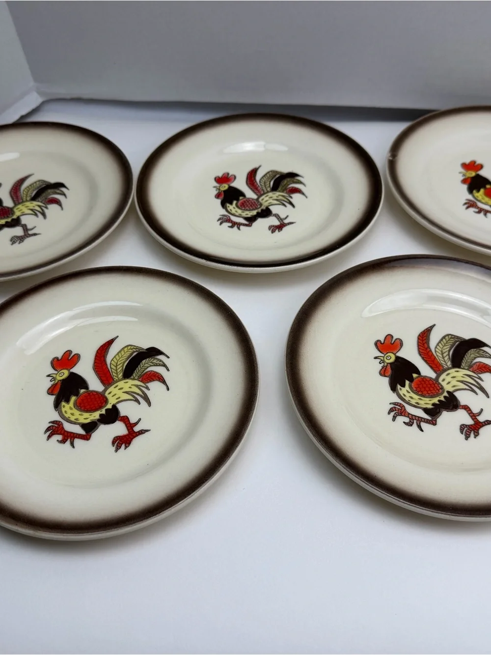 Vintage MCM Metlox Poppytrail Red Rooster 6” Salad Plates Set Of 5Made In USA